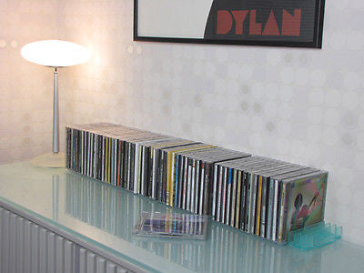 CD storage rack on desk top.